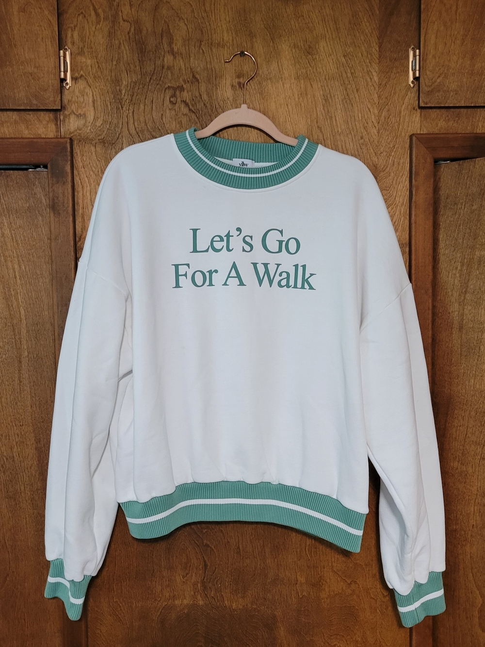 Women's White Crewneck Sweatshirt with Mint Trim - Casual Graphic Pullover